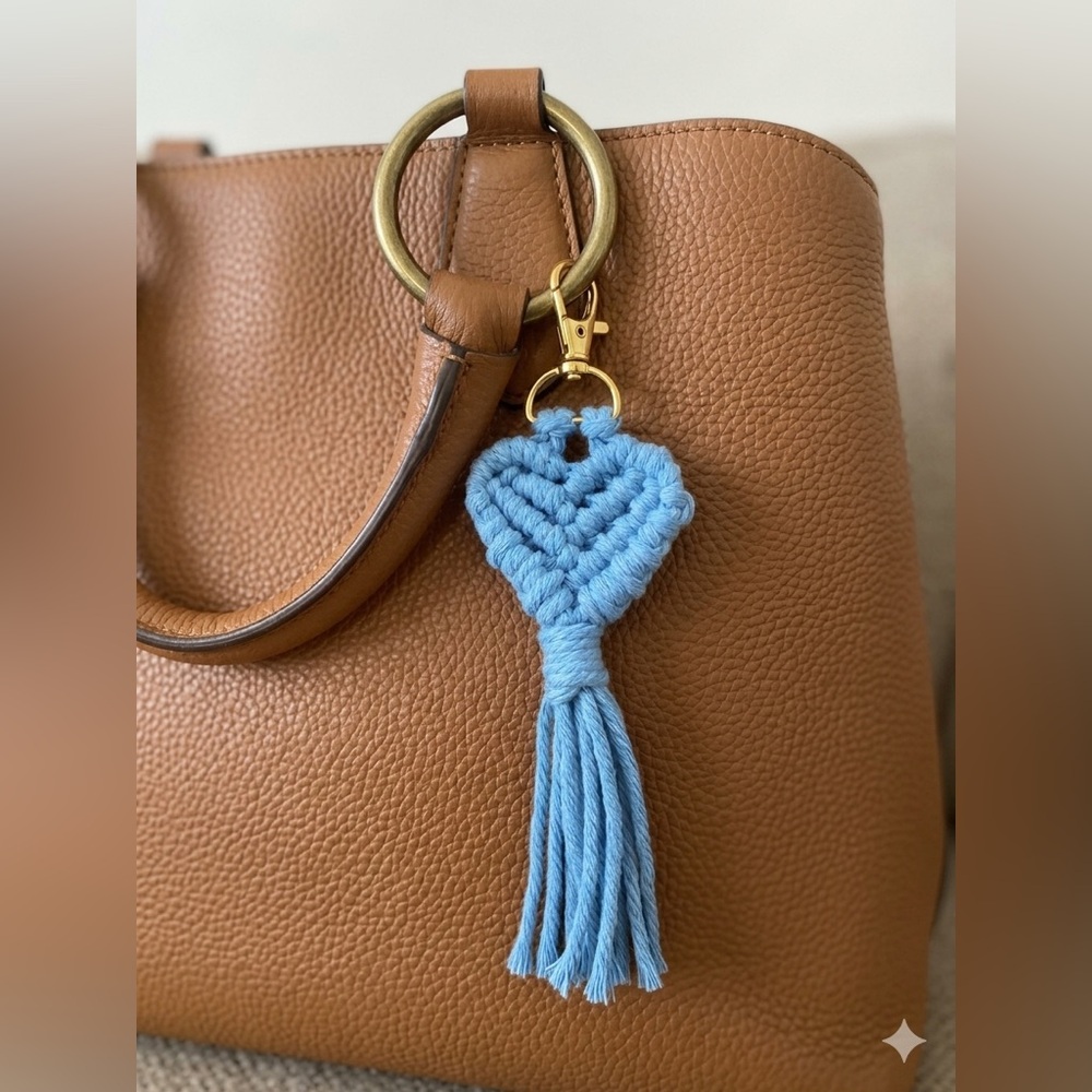 HANDCRAFTED Macrame Heart Lt Blue Bag Charm Keychain Bohemian Purse Jewelry NEW